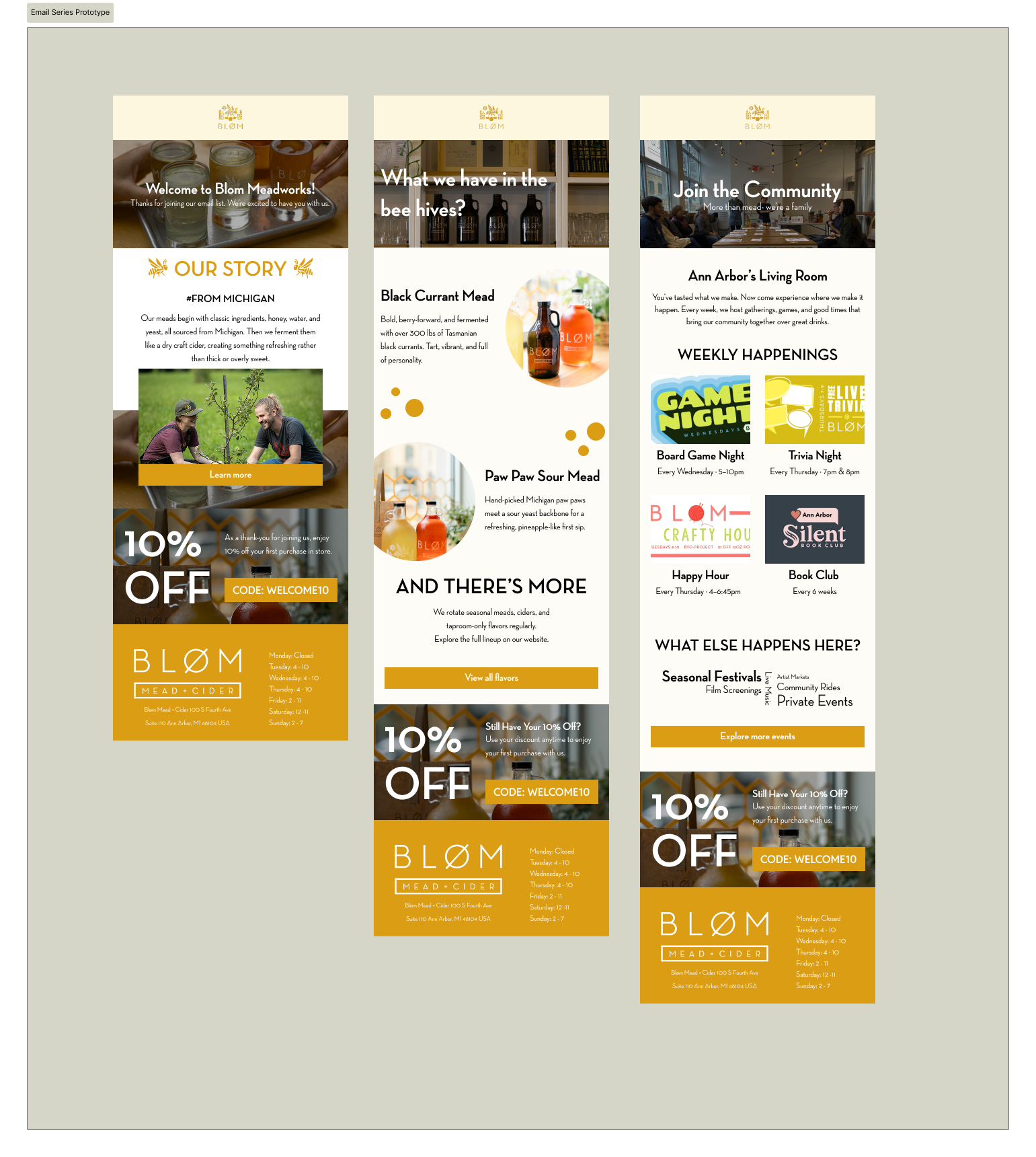 The three finished welcome emails: brand story, flavors and offer reminder, and community