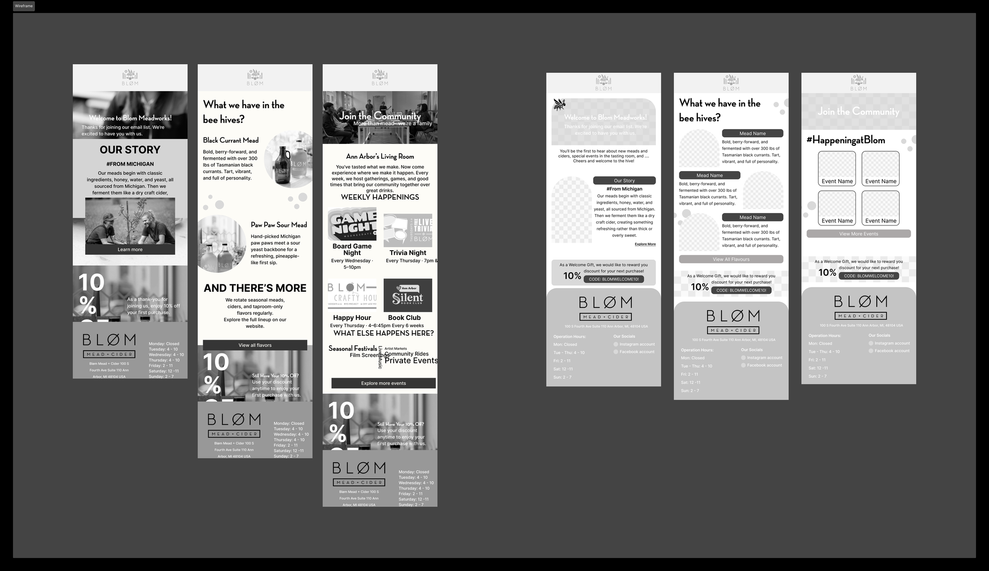 Wireframes for the three welcome emails