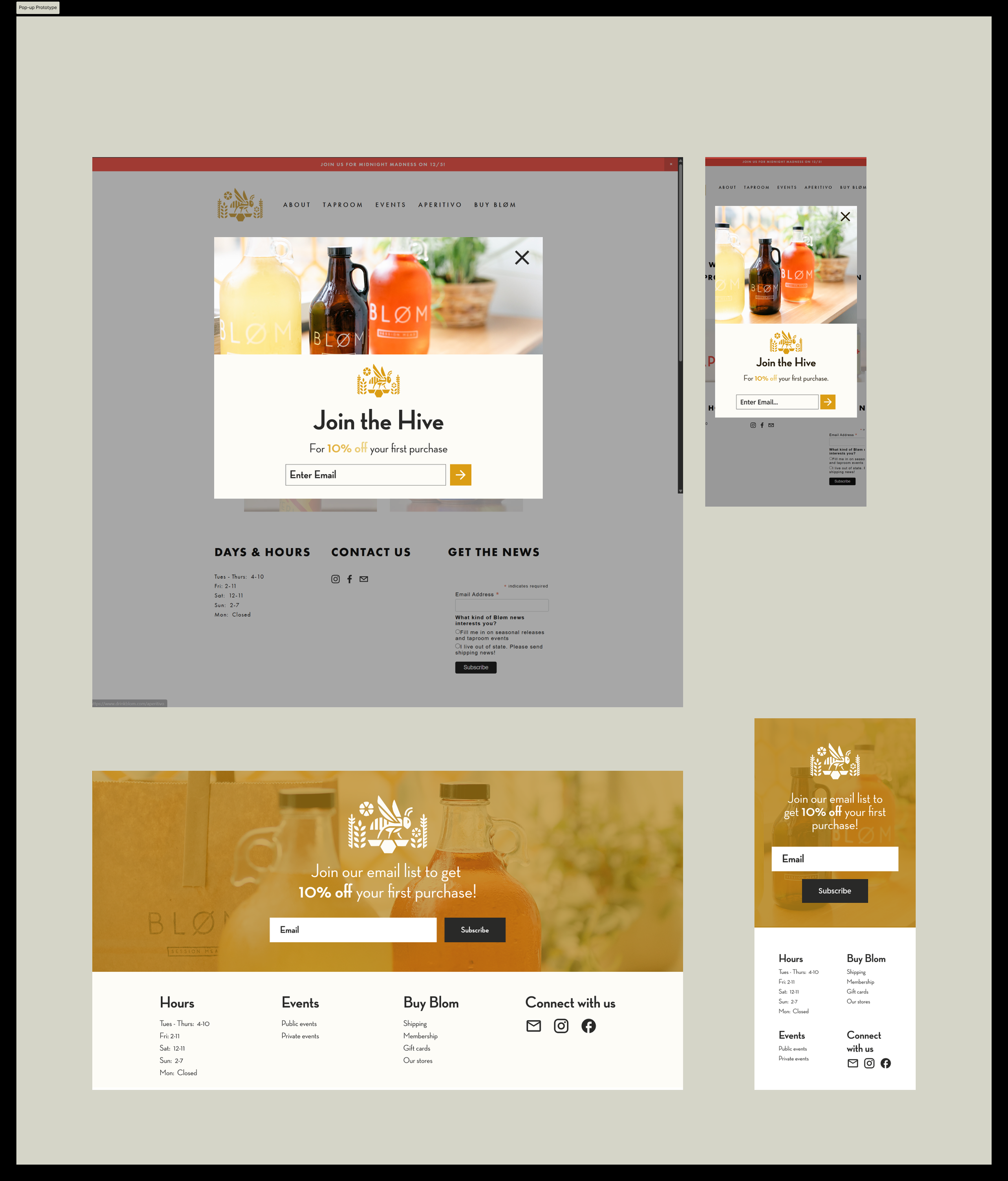 High-fidelity Join the Hive pop-up and embedded email form, in desktop and mobile
