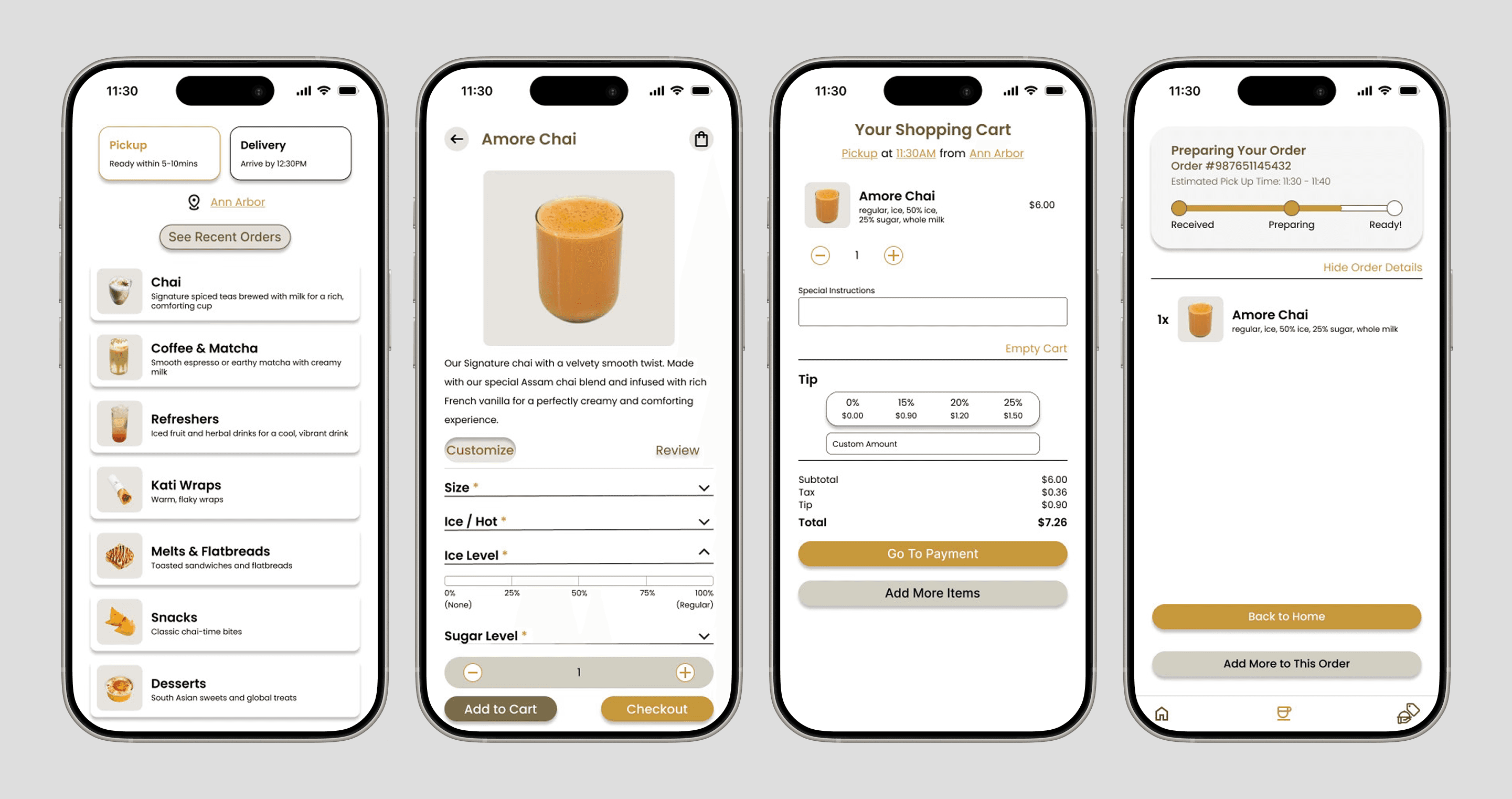 High-fidelity Cups N Chai screens for the menu, drink customization, cart, and order tracking