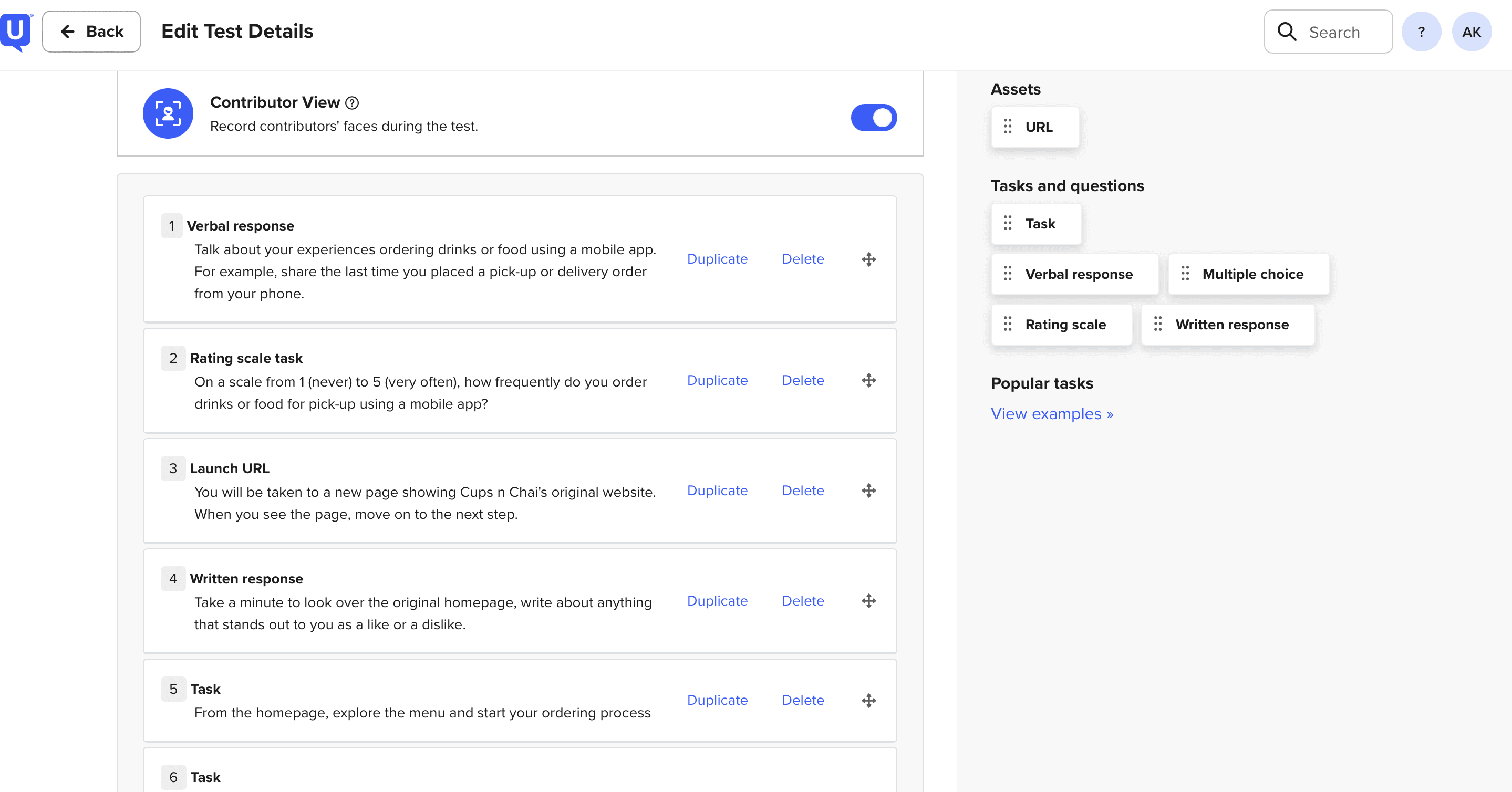 UserTesting study setup for Cups N Chai, listing the verbal, rating scale, and task prompts