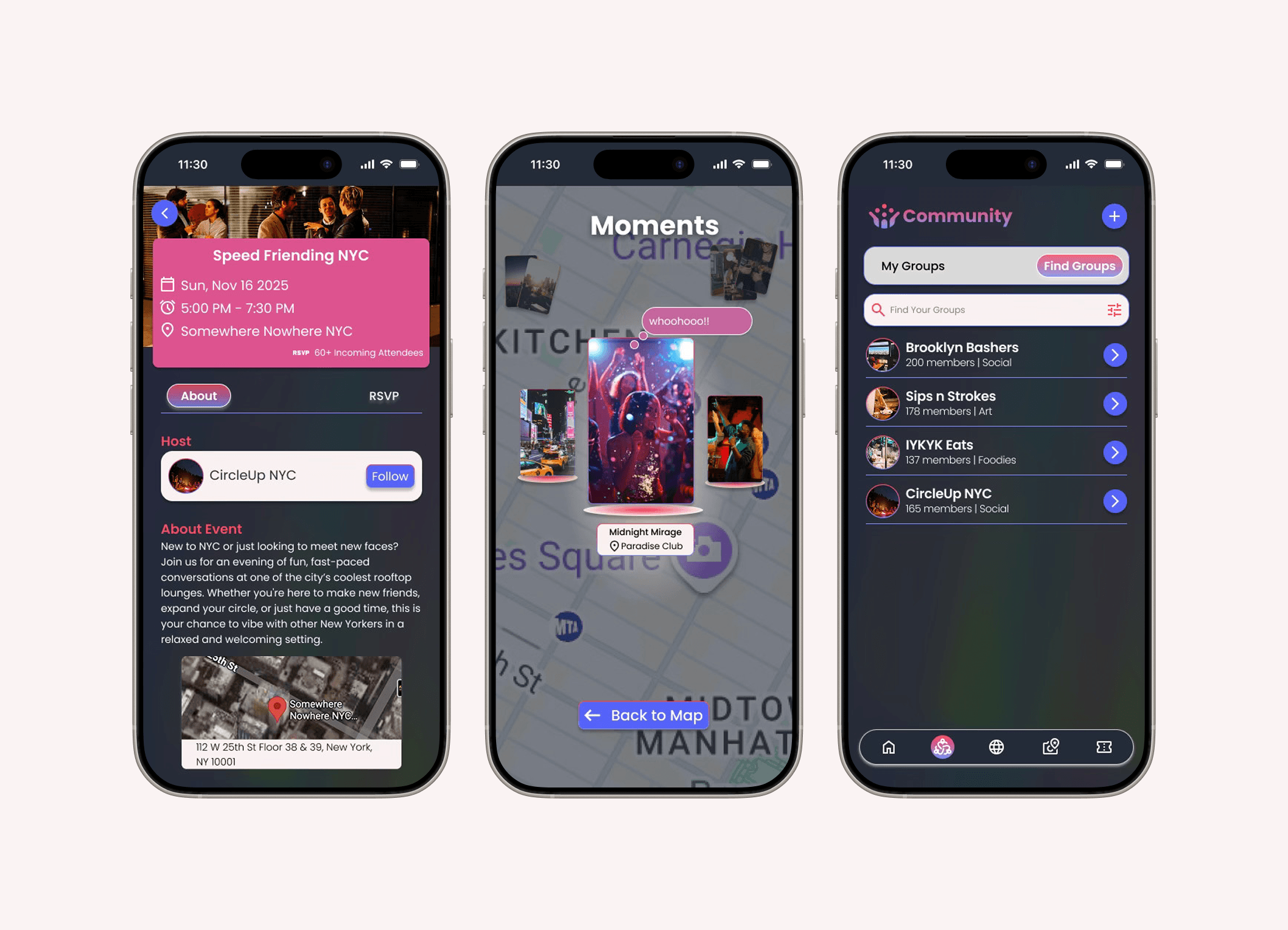 High-fidelity Eventra screens after refinement, with improved search filters, updated icons, and better contrast