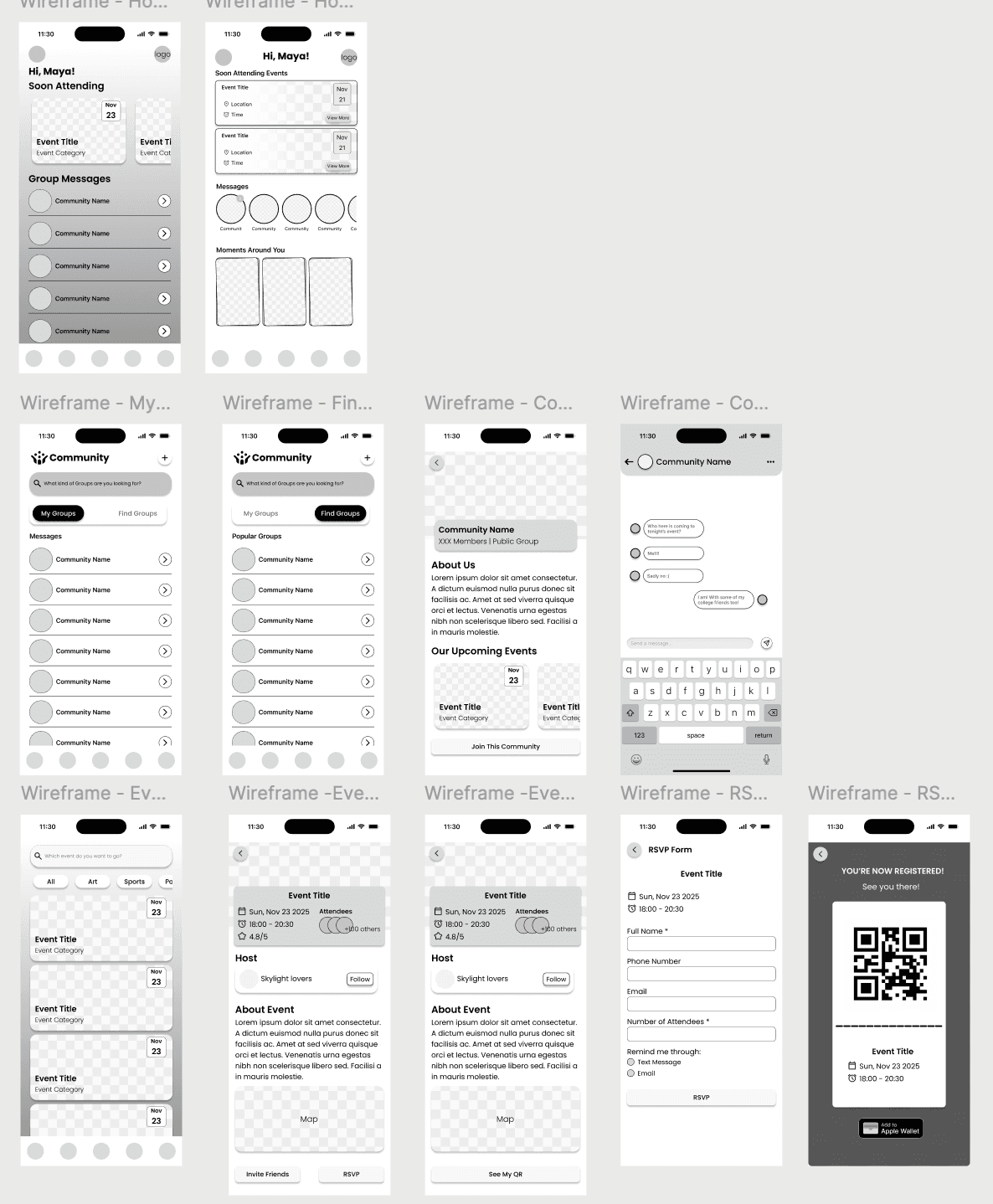 Mid-fidelity wireframes defining layout, interaction flow, and component behavior