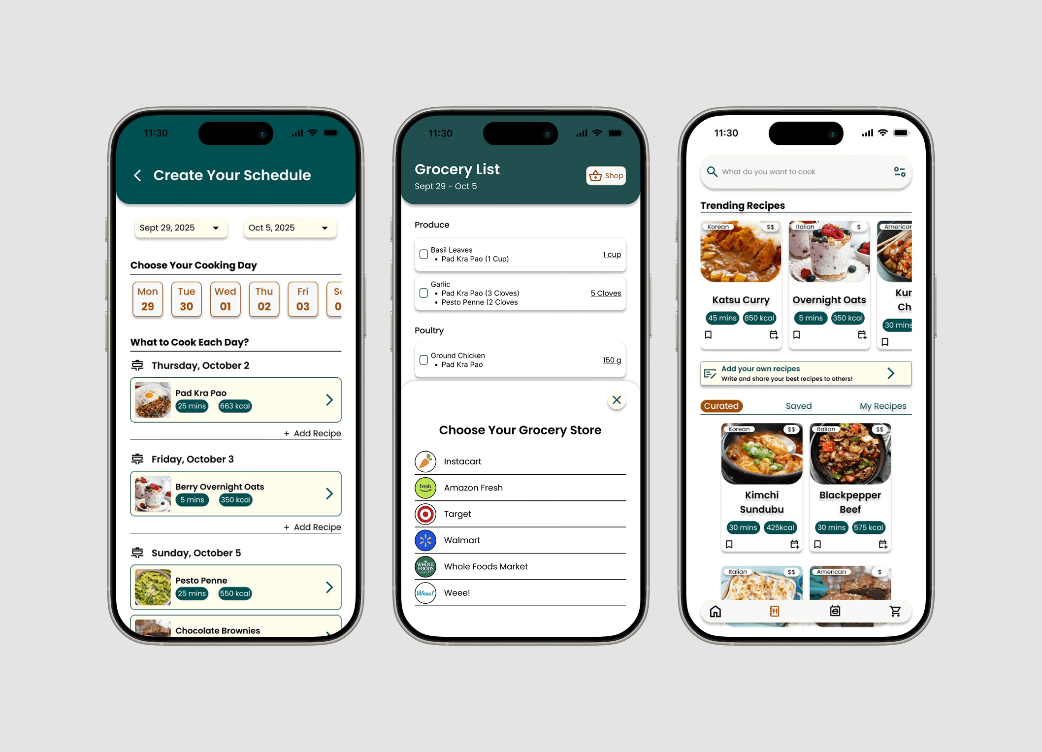 High-fidelity PrepMate screens for scheduling, grocery checkout, and recipe exploration